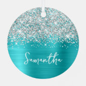 Glittery Silver Turquoise Blue Glam Name Metalen Ornament (Achterkant)