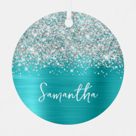 Glittery Silver Turquoise Blue Glam Name Metalen Ornament