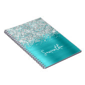 Glittery Silver Turquoise Blue Glam Script Name Notitieboek (Rechterzijde)