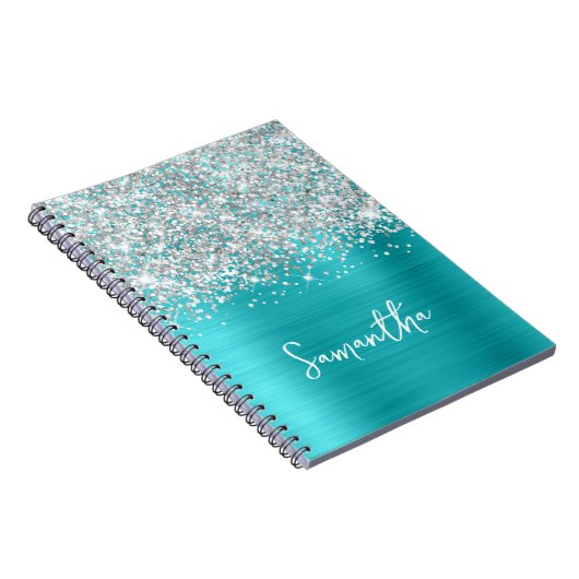 Glittery Silver Turquoise Blue Glam Script Name Notitieboek (Rechterzijde)