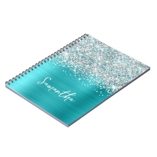 Glittery Silver Turquoise Blue Glam Script Name Notitieboek (Linkerzijde)