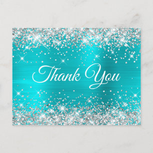 Glittery Silver Turquoise Blue Sweet 16 Hartelijk  Briefkaart