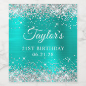 Glittery Silver Turquoise Folie 21ste verjaardag Wijn Etiket (Enkel label)