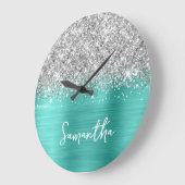 Glittery Silver Turquoise Glam White Script Name Grote Klok (Hoek)