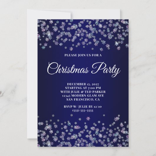 Glittery Snowflakes Navy Ombre Christmas Party Kaart (Voorkant)