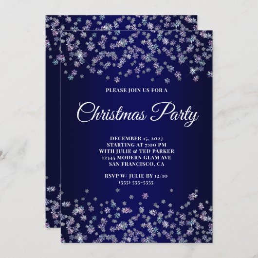 Glittery Snowflakes Navy Ombre Christmas Party Kaart (Voorkant / Achterkant)