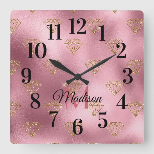 Glittery Sparking Blush Pink Gold Monogram Naam Vierkante Klok (Voorkant)