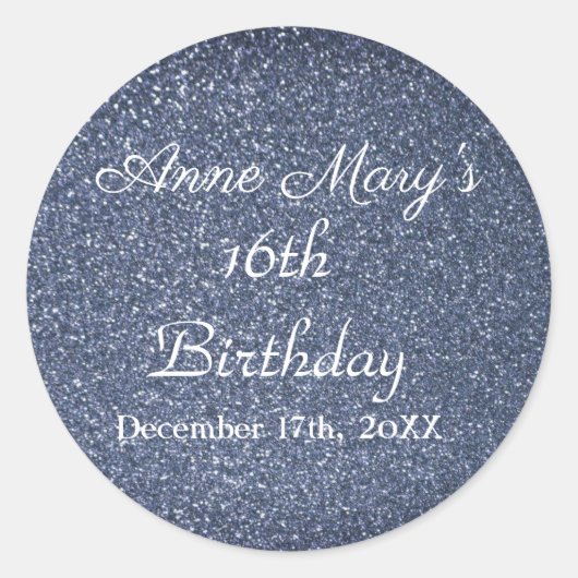 Glittery Sparkle 16th Birthday Custom Blauw Grijs Ronde Sticker (Voorkant)