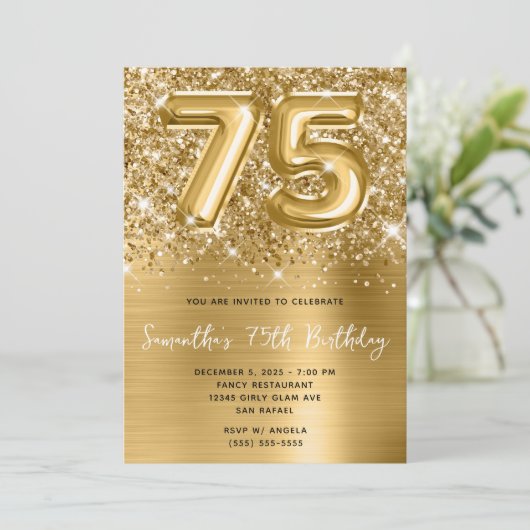 Glittery Sparkly Gold-ballon Glam 75th Birthday Kaart (Staand voorkant)