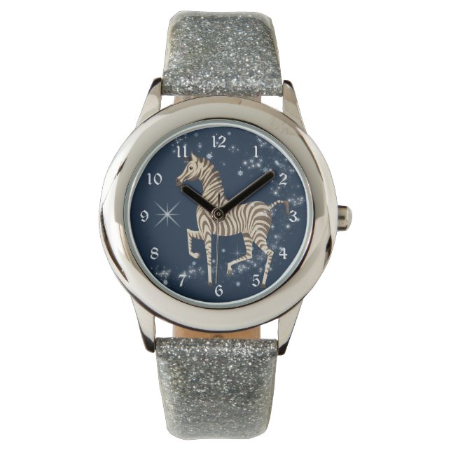 Glittery Star Zebra Blauw Kinder Horloge (Voorkant)