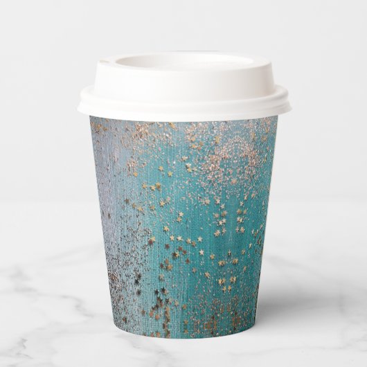 Glittery Stardust op Blue Blauwgroen Papieren Bekers (Achterkant)