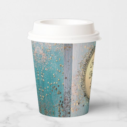 Glittery Stardust op Blue Blauwgroen Papieren Bekers (Rechts)