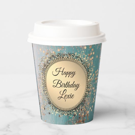 Glittery Stardust op Blue Blauwgroen Papieren Bekers (Voorkant)