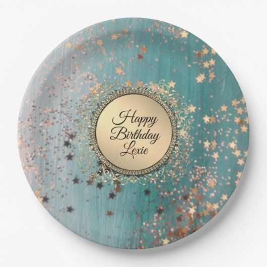 Glittery Stardust op Blue Blauwgroen Papieren Bordje (Voorkant)