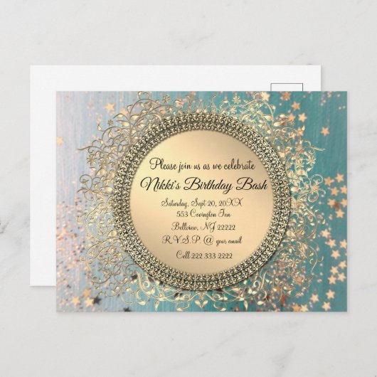 Glittery Stardust op Blue Gepersonaliseerde Verjaa Aankondigingskaart (Voorkant / Achterkant)