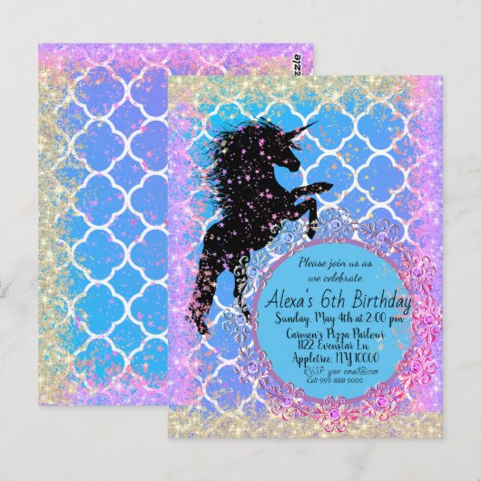 Glittery Starry Whimsical Eenhoorn Custom Briefkaart (Voorkant / Achterkant)