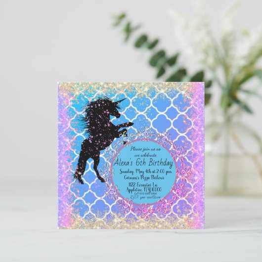 Glittery Starry Whimsical Unicorn Birthday Kaart (Staand voorkant)
