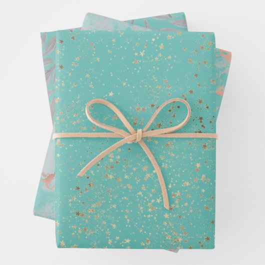 Glittery Stars Roos Goud Marmer Zilveren Bladeren Inpakpapier Vel (In situ)