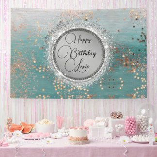 Glittery Sterren op Blauw Gepersonaliseerde Verjaa Spandoek