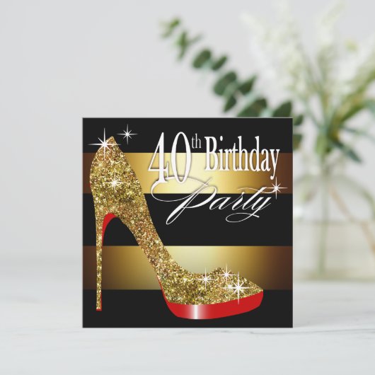 Glittery Stiletto Stripes 40th Birthday Party Kaart (Staand voorkant)