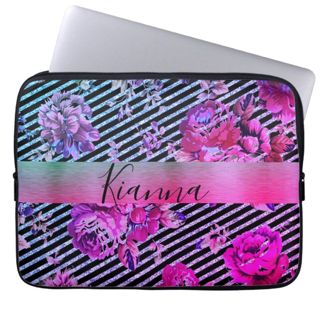Glittery Striped Pink Blauwgroen Floral Laptop Sleeve (Voorkant)