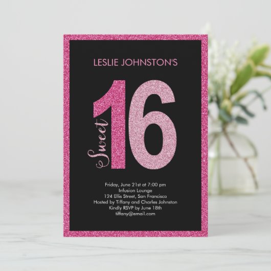 Glittery Sweet 16 Birthday Party-uitnodigingen Kaart (Staand voorkant)