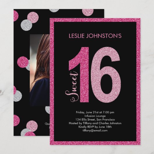 Glittery Sweet 16 Birthday Party-uitnodigingen Kaart (Voorkant / Achterkant)