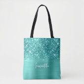 Glittery Turqoise Blauwgroen Glam Naam Tote Bag (Voorkant)