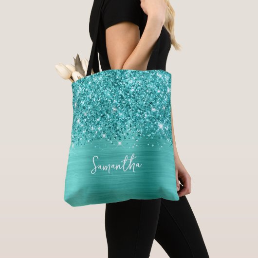 Glittery Turqoise Blauwgroen Glam Naam Tote Bag (Dichtbij)