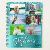 Glittery Turquoise Blue Glam 14 Photo Collage Planner (Voorkant)