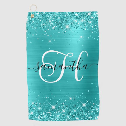Glittery Turquoise Blue Glam Monogrammed Golfhanddoek (Voorkant)