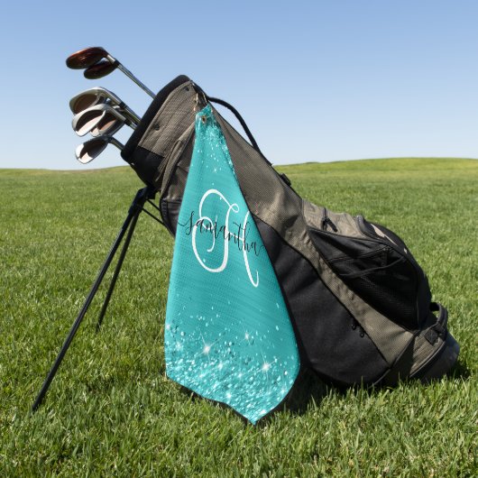 Glittery Turquoise Blue Glam Monogrammed Golfhanddoek (Groen)