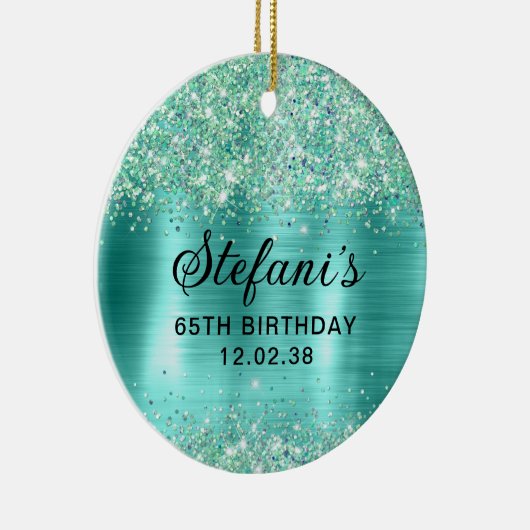 Glittery Turquoise Folie 65e Verjaardag Keramisch Ornament (Rechts)