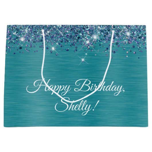 Glittery Turquoise gepersonaliseerde Gelukkige Ver Groot Cadeauzakje (Voorkant)