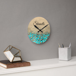 Glittery Turquoise Leopard Ronde Klok