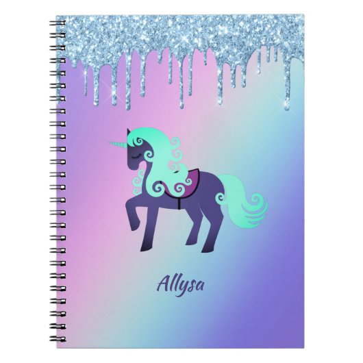 Glittery Unicorn met Rainbow Pastel-achtergrond Notitieboek (Voorkant)
