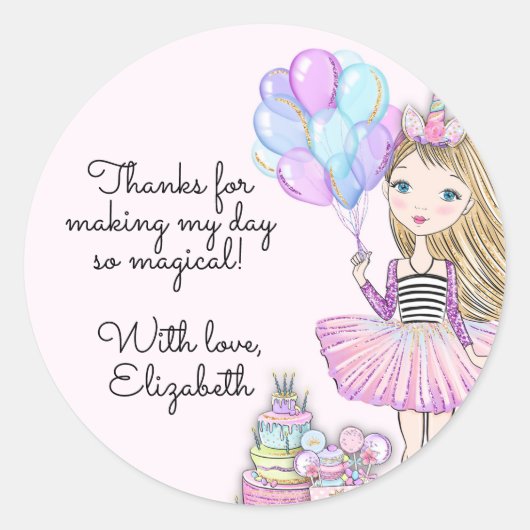 Glittery verjaardag glam meisje eenhoorn ronde sticker (Voorkant)