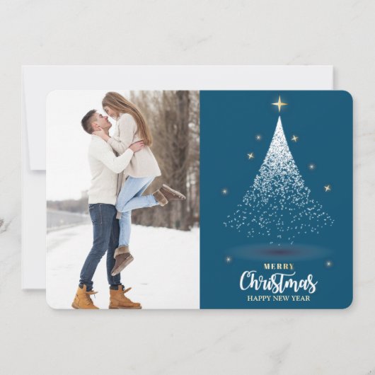 Glittery Witte Kerstboom Blauw Twee Foto Feestdagenkaart (Voorkant)