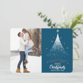 Glittery Witte Kerstboom Blauw Twee Foto Feestdagenkaart (Staand voorkant)