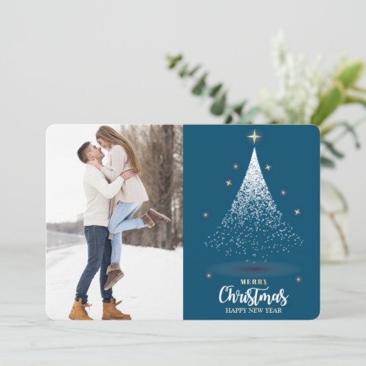 Glittery Witte Kerstboom Blauw Twee Foto Feestdagenkaart (Staand voorkant)
