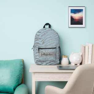 Glittery Zebra Print op blauw gepersonaliseerd Bedrukte Rugzak