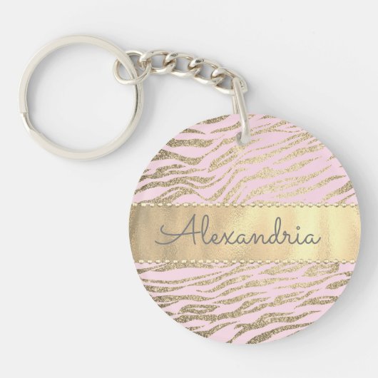 Glittery Zebra Print op Pink Blush gepersonaliseer Sleutelhanger (Voorkant)