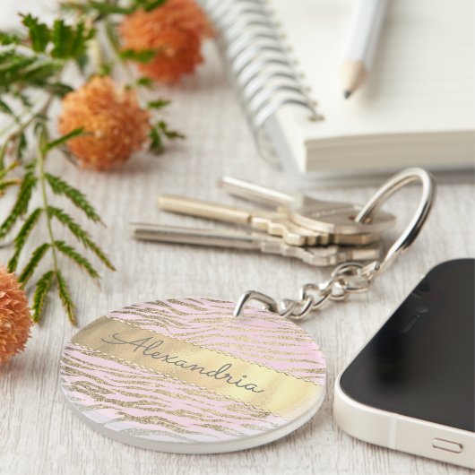 Glittery Zebra Print op Pink Blush gepersonaliseer Sleutelhanger (Voorkant Rechts)