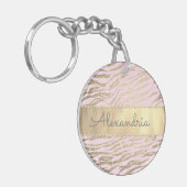 Glittery Zebra Print op Pink Blush gepersonaliseer Sleutelhanger (Voorkant Links)