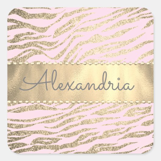 Glittery Zebra Print op Roze Blush Vierkante Sticker (Voorkant)