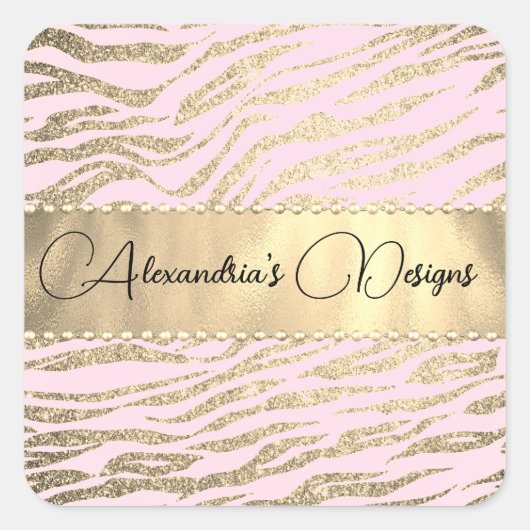Glittery Zebra Print op Roze Logo Gepersonaliseerd Vierkante Sticker (Voorkant)