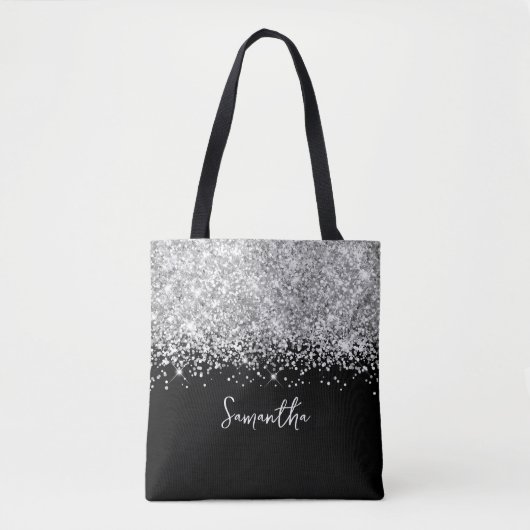 Glittery Zilver en Zwart Glam Naam Tote Bag (Voorkant)
