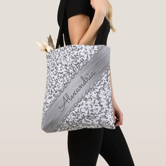 Glittery Zilver Gepersonaliseerd Marmer Tote Bag (Dichtbij)