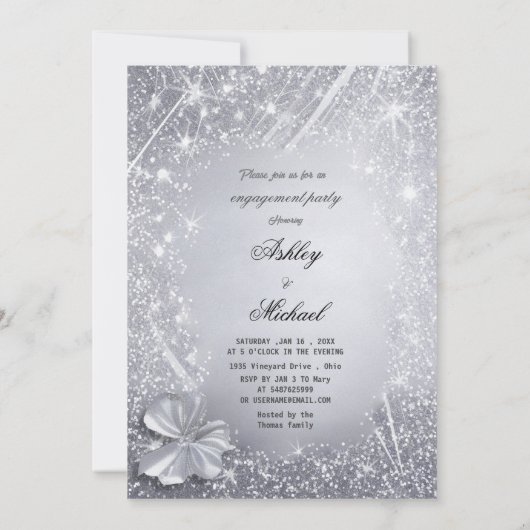Glittery zilveren confetti verlovingsfeest chic kaart (Achterkant)