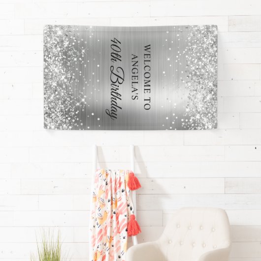 Glittery Zilveren Folie 40e Verjaardag Verticaal Spandoek (Insitu)